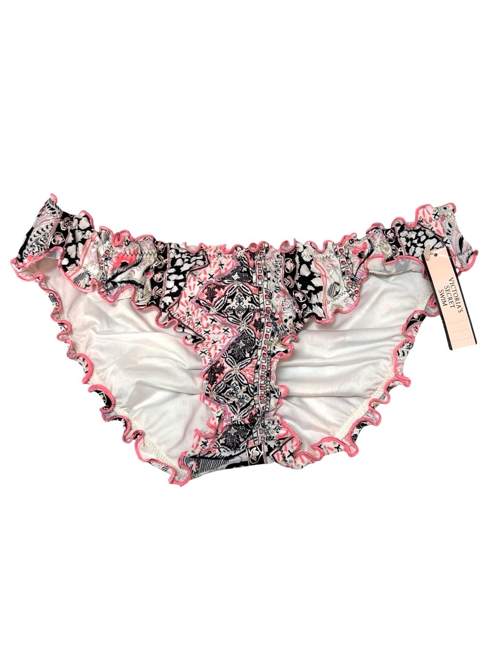 Victorias Secret Ruffle Cheeky Scrunch Bikini Swim Bottom Black Pink Size XS